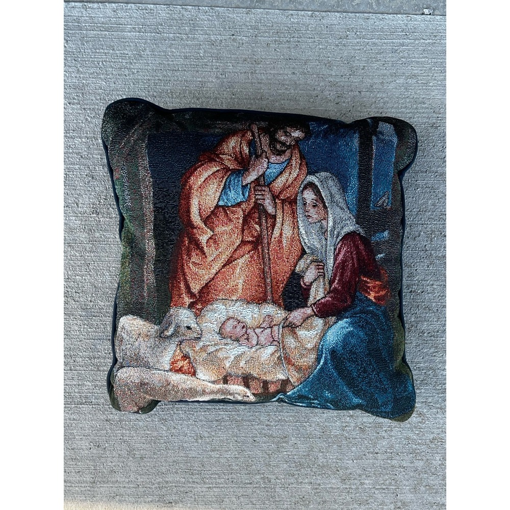Vintage Tapestry Pillow Nativity‎ Scene Mary Joseph Jesus Holy Family Christmas